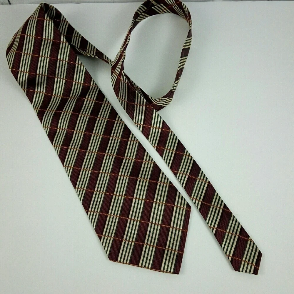Audrey Buchner Red Gold White Stripe Silk Tie
